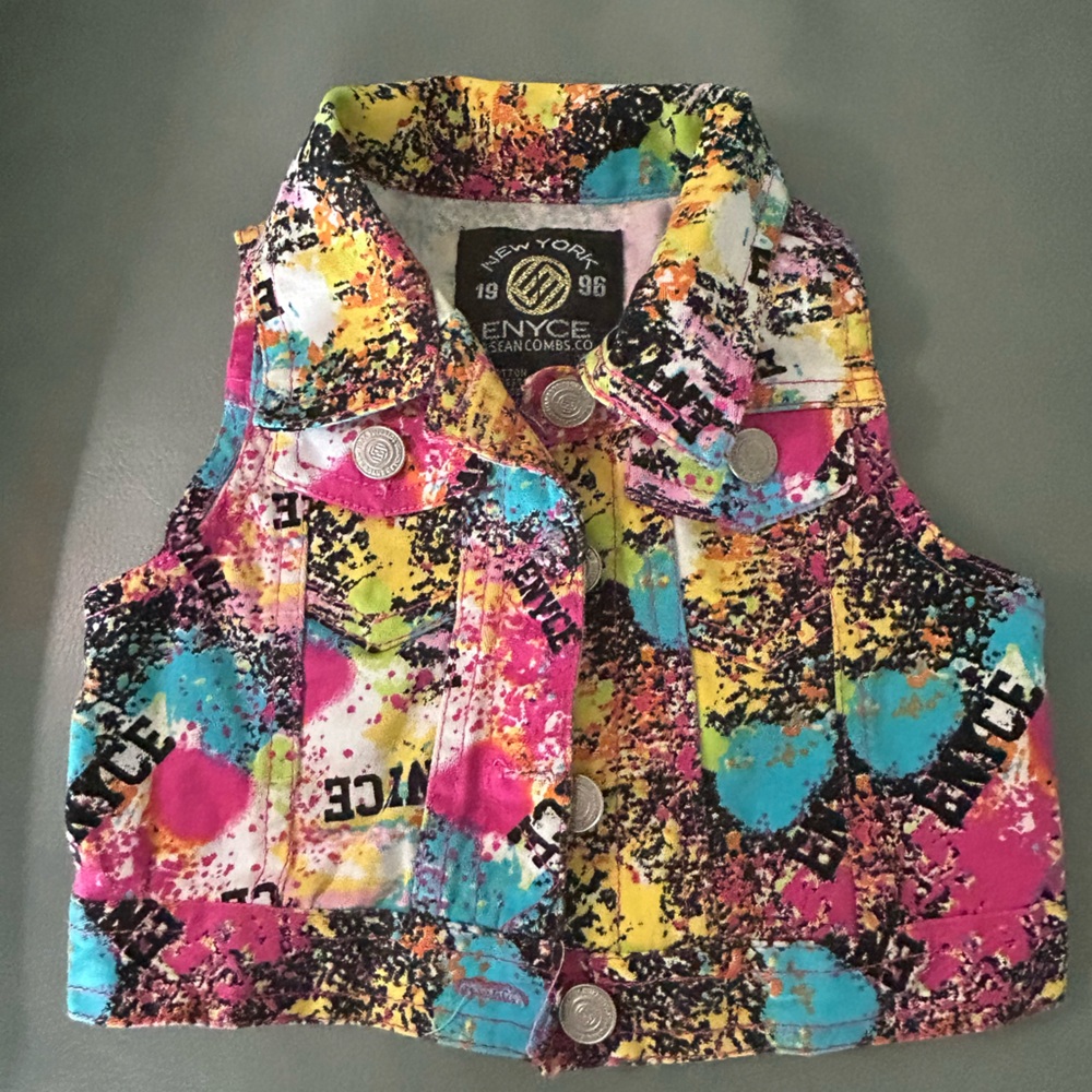 Enyce Multicolor Paint-Splatter Denim Vest - Pink, Yellow, Blue